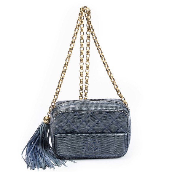 Vintage Chanel Fringe Chain Camera Bag Navy and White Lambskin Gold Hardware